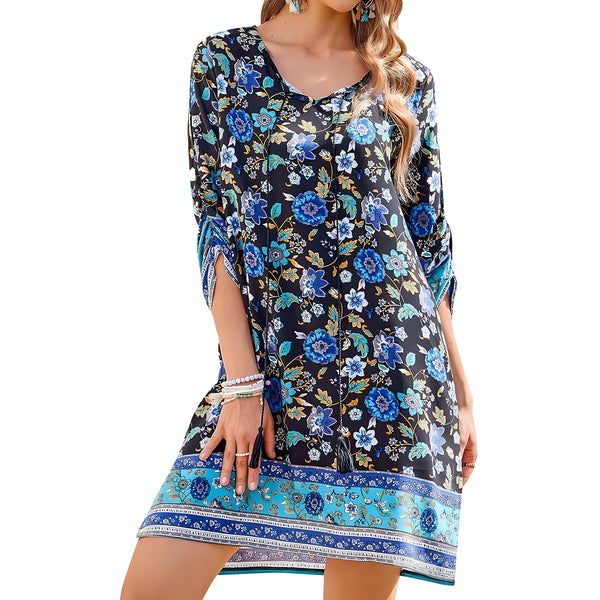 AUSDIOCA Beach Cover Up Dress For Women Floral Printed V Neck Boho Dresses 3/4 Sleeve Short Loose Dress(AS6005)