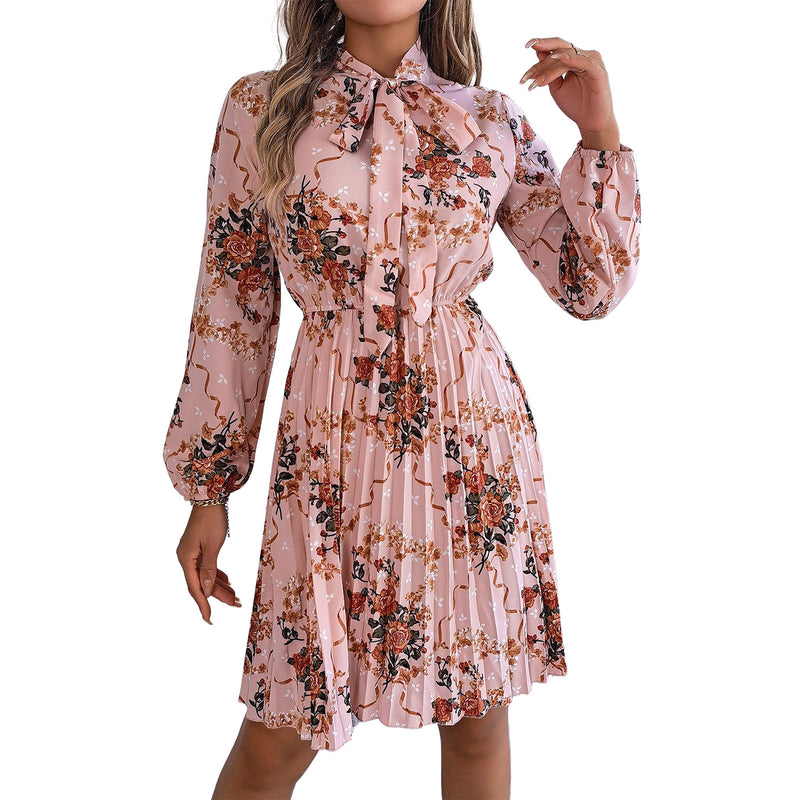 AUSDIOCA Long Sleeve Dress For Women Tie Neck Floral Pleated A Line Midi Dresses (AS6008)