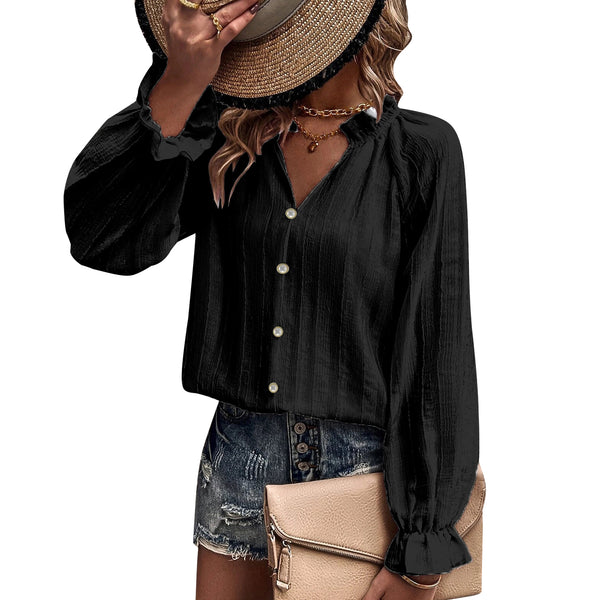 AUSDIOCA Long Sleeve Blouses for Women V Neck Chiffon Tops Dressy Casual Loose Shirts With Button（AS6001)