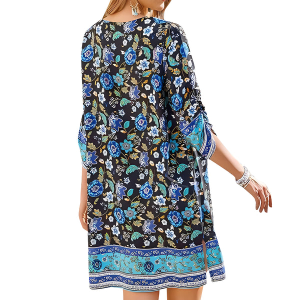 AUSDIOCA Beach Cover Up Dress For Women Floral Printed V Neck Boho Dresses 3/4 Sleeve Short Loose Dress(AS6005)