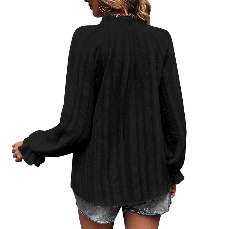 AUSDIOCA Long Sleeve Blouses for Women V Neck Chiffon Tops Dressy Casual Loose Shirts With Button（AS6001)