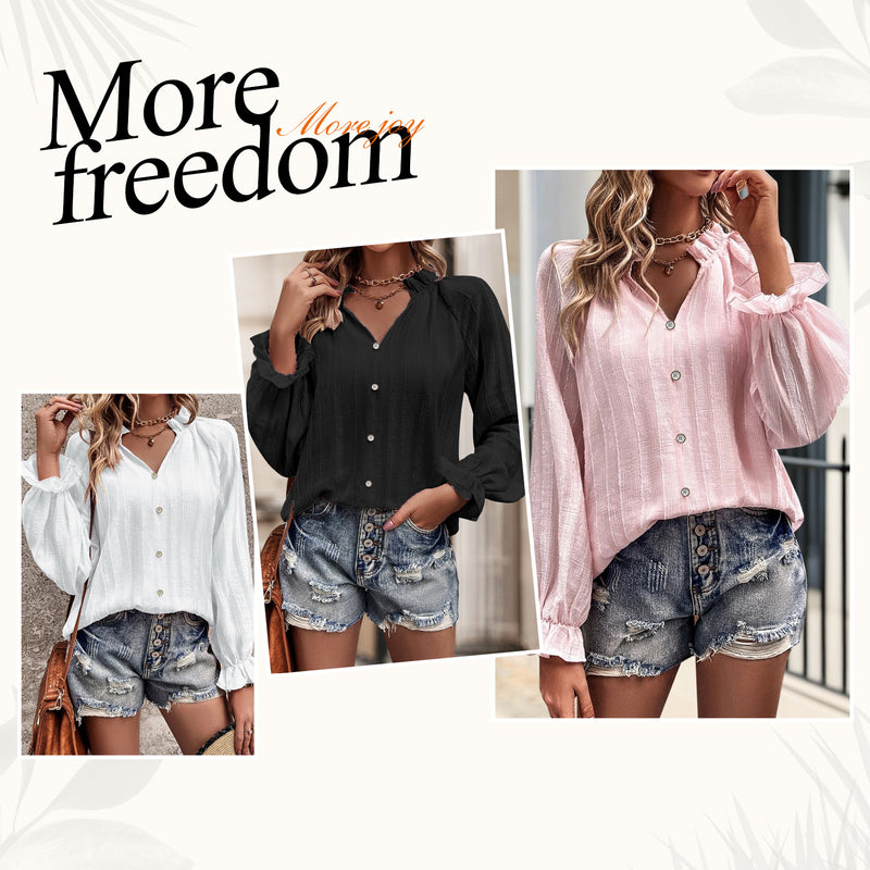 AUSDIOCA Long Sleeve Blouses for Women V Neck Chiffon Tops Dressy Casual Loose Shirts With Button（AS6001)