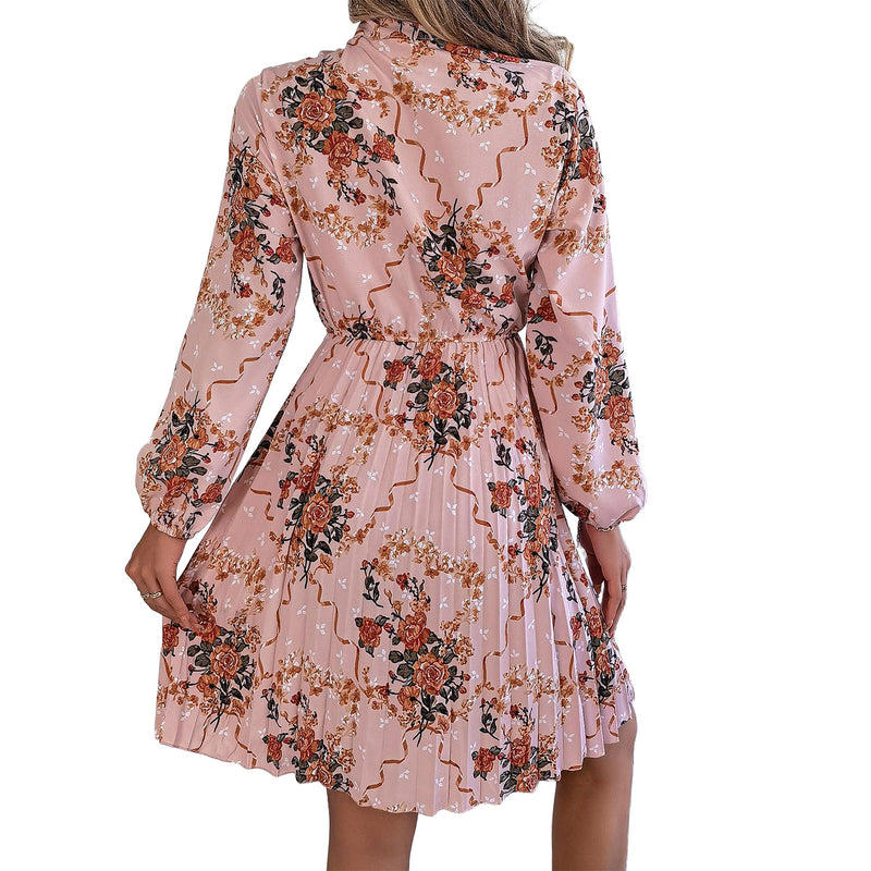 AUSDIOCA Long Sleeve Dress For Women Tie Neck Floral Pleated A Line Midi Dresses (AS6008)