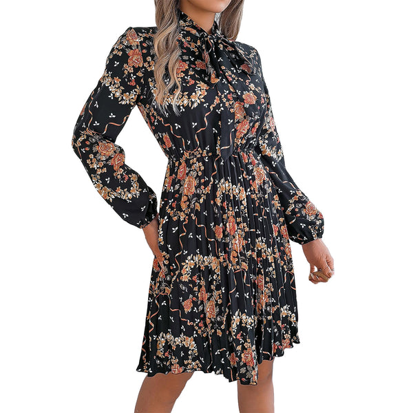 AUSDIOCA Long Sleeve Dress For Women Tie Neck Floral Pleated A Line Midi Dresses (AS6008)