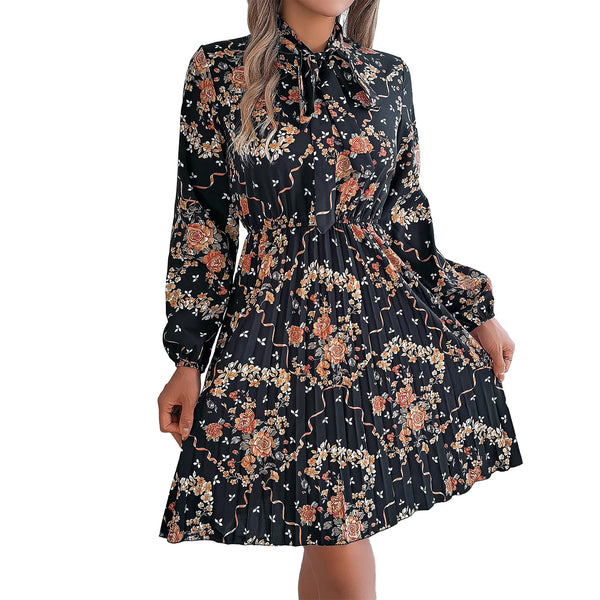 AUSDIOCA Long Sleeve Dress For Women Tie Neck Floral Pleated A Line Midi Dresses (AS6008)