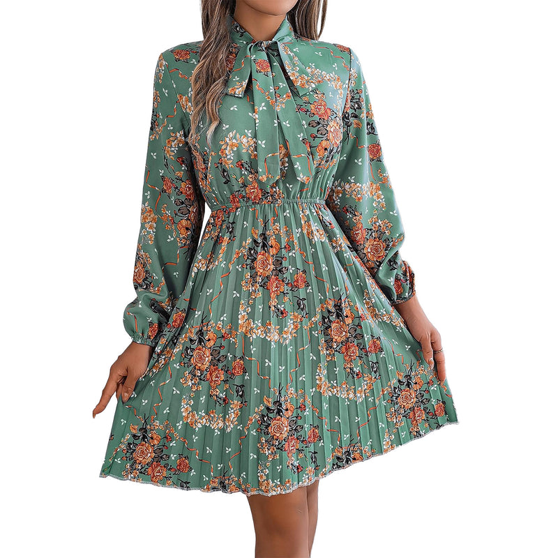 AUSDIOCA Long Sleeve Dress For Women Tie Neck Floral Pleated A Line Midi Dresses (AS6008)