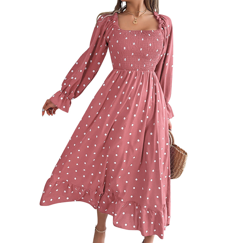 AUSDIOCA Puff Long Sleeve Maxi Dress For Women Casual Square Neck Garden Party Floral Dresses (AS6006）