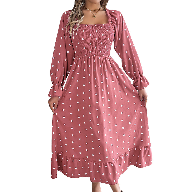 AUSDIOCA Puff Long Sleeve Maxi Dress For Women Casual Square Neck Garden Party Floral Dresses (AS6006）