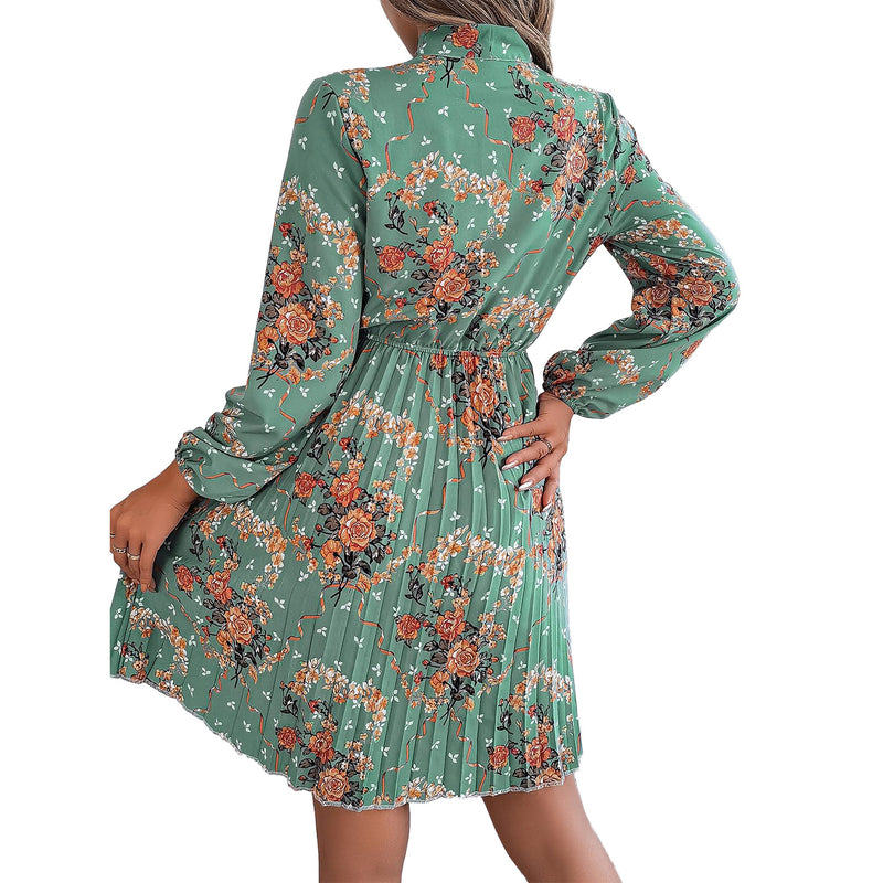 AUSDIOCA Long Sleeve Dress For Women Tie Neck Floral Pleated A Line Midi Dresses (AS6008)