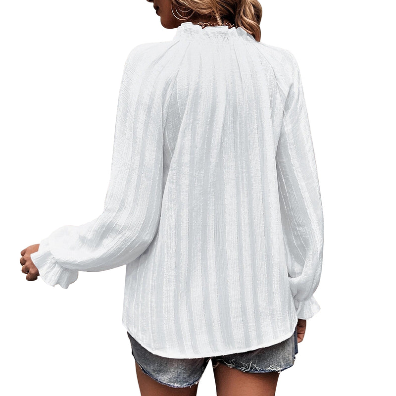 AUSDIOCA Long Sleeve Blouses for Women V Neck Chiffon Tops Dressy Casual Loose Shirts With Button（AS6001)