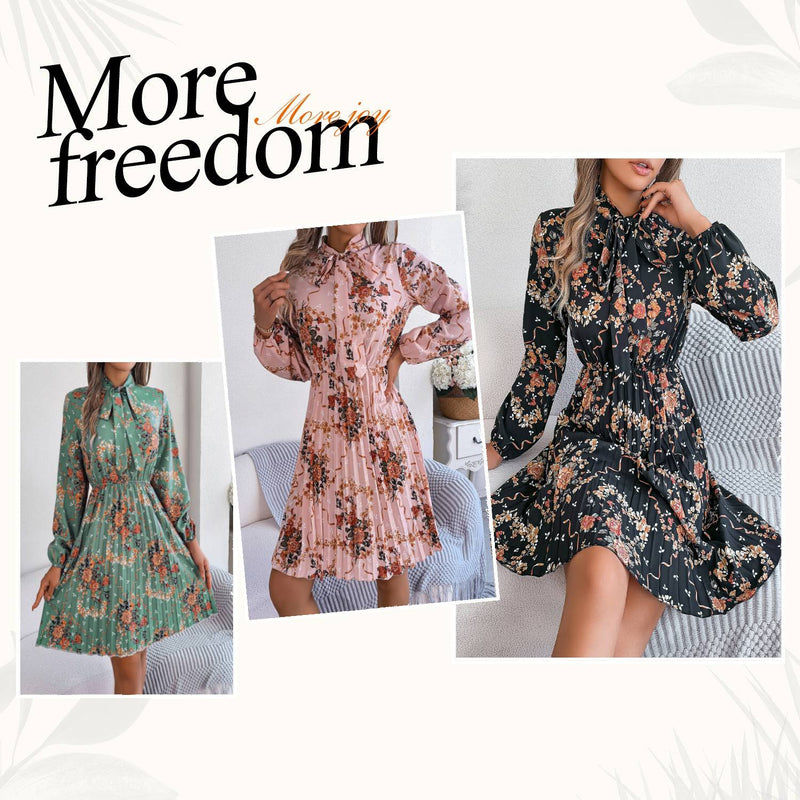 AUSDIOCA Long Sleeve Dress For Women Tie Neck Floral Pleated A Line Midi Dresses (AS6008)