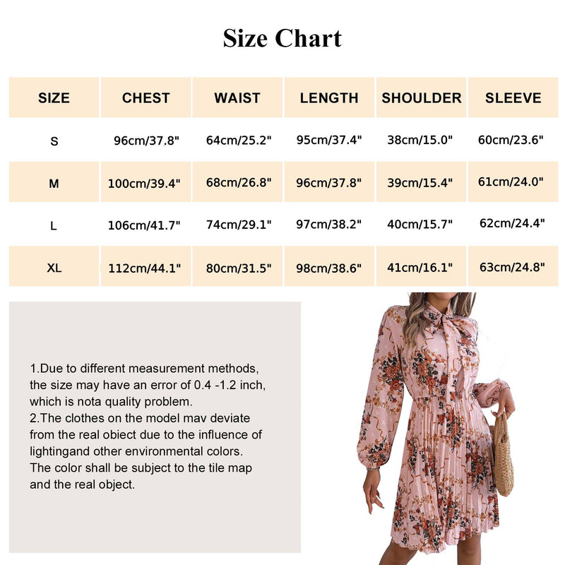 AUSDIOCA Long Sleeve Dress For Women Tie Neck Floral Pleated A Line Midi Dresses (AS6008)