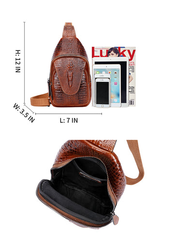100% Real Leather Sling Backpack, Designer Crocodile Men's Crossbody Bag  Daypack